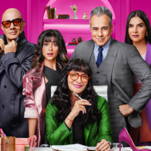 Póster promocional de 'Betty La Fea: La historia continúa' con los personajes principales: Hugo Lombardi (Julián Arango), Mila Mendoza (Juanita Molina), Betty (Ana María Orozco), Armando Mendoza (Jorge Enrique Abello) y Marcela Valencia (Natalia Ramírez