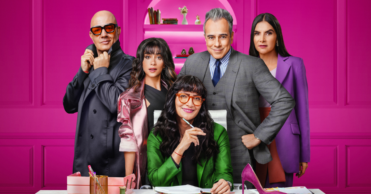 Póster promocional de 'Betty La Fea: La historia continúa' con los personajes principales: Hugo Lombardi (Julián Arango), Mila Mendoza (Juanita Molina), Betty (Ana María Orozco), Armando Mendoza (Jorge Enrique Abello) y Marcela Valencia (Natalia Ramírez
