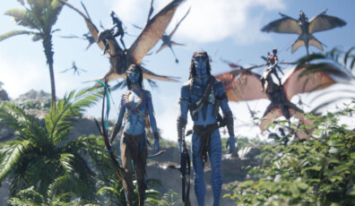 (L-R) Neytiri (Zoe Saldaña) and Jake Sully (Sam Worthington) in 20th Century Studios' AVATAR: FIRE AND ASH. Photo courtesy of 20th Century Studios. © 2025 20th Century Studios. All Rights Reserved.