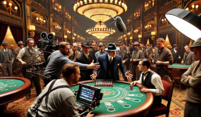Imagen 1. Equipo de rodaje capturando una escena ambientada en los años 30, con un mafioso amenazando a un dealer en una película de época.