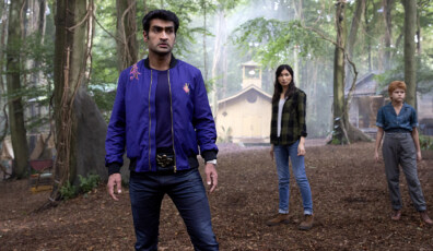 (L-R): Kingo (Kumail Nanjiani), Sersi (Gemma Chan) and Sprite (Lia McHugh) in Marvel Studios' ETERNALS. Photo by Sophie Mutevelian. ©Marvel Studios 2021. All Rights Reserved.
