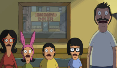 Linda Belcher (voiced by John Roberts), Louise Belcher (voiced by Kristen Schaal), Gene Belcher (voiced by Eugene Mirman), Tina Belcher (voiced by Dan Mintz), and Bob Belcher (voiced by H. Jon Benjamin) in 20th Century Studios' THE BOB'S BURGERS MOVIE. Photo courtesy of 20th Century Studios. © 2022 20th Century Studios. All Rights Reserved.