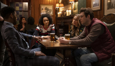 FOUR WEDDINGS AND A FUNERAL -- "The Winner Takes It All" Episode 104 -- Pictured: (l-r) Brandon Mychal Smith as Craig, Nathalie Emmanuel as Maya, Rebecca Rittenhouse as Ainsley, John Reynolds as Caleb -- (Photo by: Ollie Upton/Hulu/Universal Television/MGM)