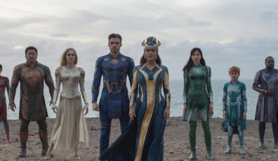 (L-R): Kingo (Kumail Nanjiani), Makkari (Lauren Ridloff), Gilgamesh (Don Lee), Thena (Angelina Jolie), Ikaris (Richard Madden), Ajak (Salma Hayek), Sersi (Gemma Chan), Sprite (Lia McHugh), Phastos (Brian Tyree Henry) and Druig (Barry Keoghan) in Marvel Studios' ETERNALS. Photo courtesy of Marvel Studios. ©Marvel Studios 2021. All Rights Reserved.