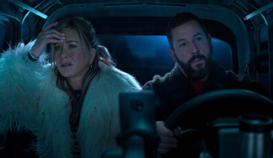 Murder Mystery 2. (L to R) Jennifer Aniston as Audrey Spitz and Adam Sandler as Nick Spitz in Murder Mystery 2. Cr. Courtesy of Netflix © 2023.