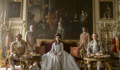 Queen Charlotte: A Bridgerton Story. (L to R) Neil Edmond as Earl Harcourt, Michelle Fairley as Princess Augusta, Richard Cunningham as Lord Bute in episode 102 of Queen Charlotte: A Bridgerton Story. Cr. Liam Daniel/Netflix © 2023