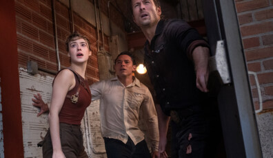 (from left) Kate (Daisy Edgar-Jones), Javi (Anthony Ramos), and Tyler (Glen Powell), in Twisters directed by Lee Isaac Chung.